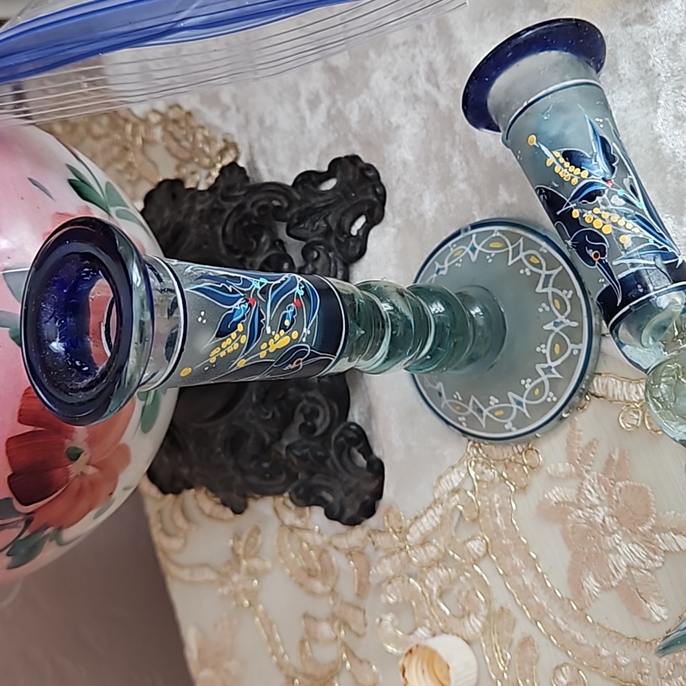Final SET 2 Rare Peacock Set HandPainted Blown Glass Artisan Candlesticks Vases